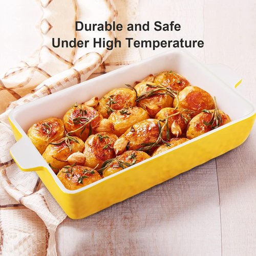 Garvee Ceramic Baking Dish Set - Set of 3 Rectangular Casserole Pans with Handles | Yellow (11.7"/8.75"/6.5")