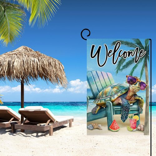 BLKWHT Garden Flag - Summer Beach Sea Turtle Design | Double-Sided 12x18 Burlap Flag for Outdoor Decor