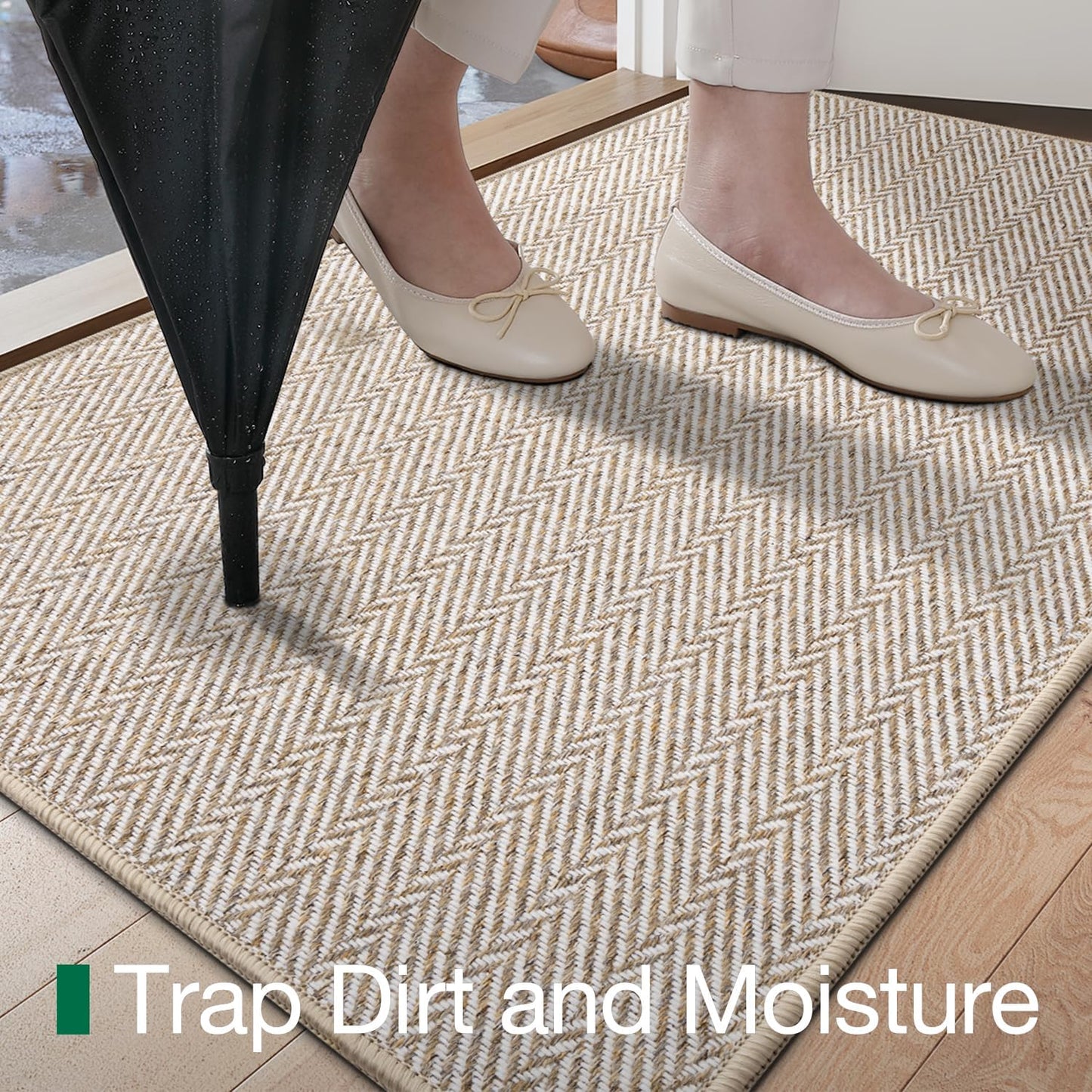 LUMI Ultra Thin Indoor Door Mat - Non-Slip Entryway Mat with Unique Herringbone Design | 24"x36", Beige