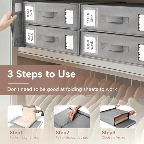 Criusia Bed Sheet Organizers - 6 Pack Foldable Linen Storage Boxes for King/Queen Bedding Sets | Grey