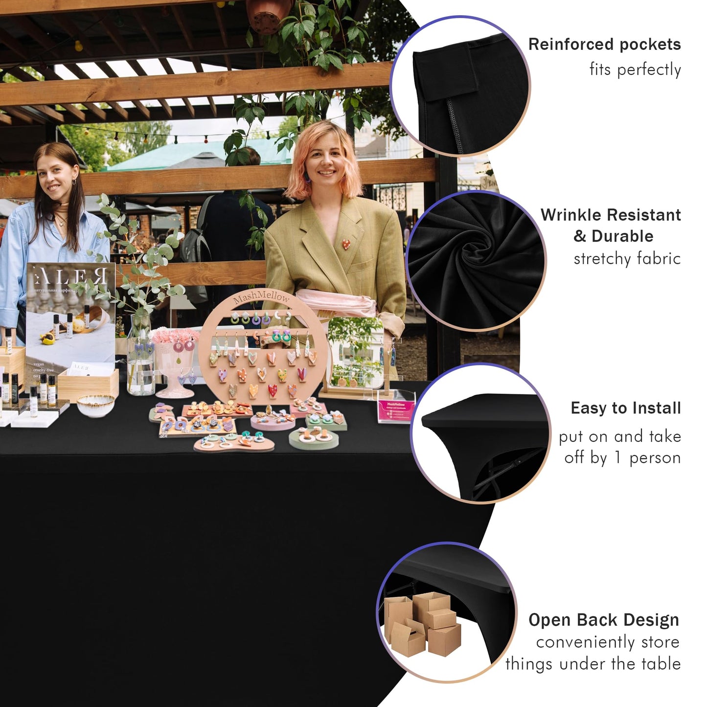 Nasitos 2 Pack Spandex Fitted Black Tablecloth for 4 Foot Tables-Open Back Folding Table Cover Washable Fabric Stretch, Tight and Wrinkle Resistant Table Protector for Trade Show, Craft Show, Events