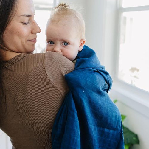 Featherhead™ Cotton Muslin Swaddle Blankets - Soft & Breathable Newborn Essentials | Large 47”x47” (4 Pack - Blue Solids)