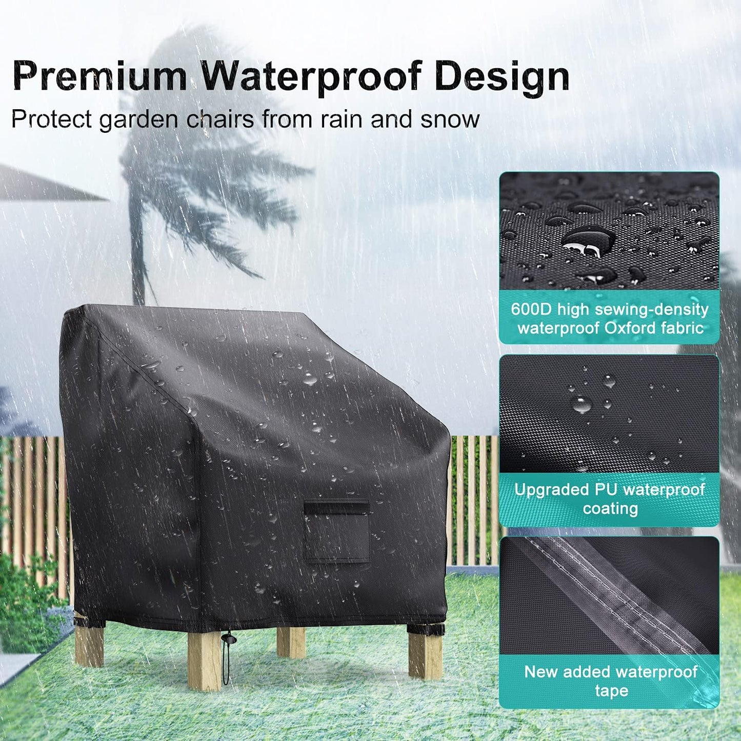 Patio Chair Covers - Waterproof 600D Heavy Duty Oxford Cloth | 2 Pack for Large Lounge Chairs, Black 38" W x 31" D x 29" H