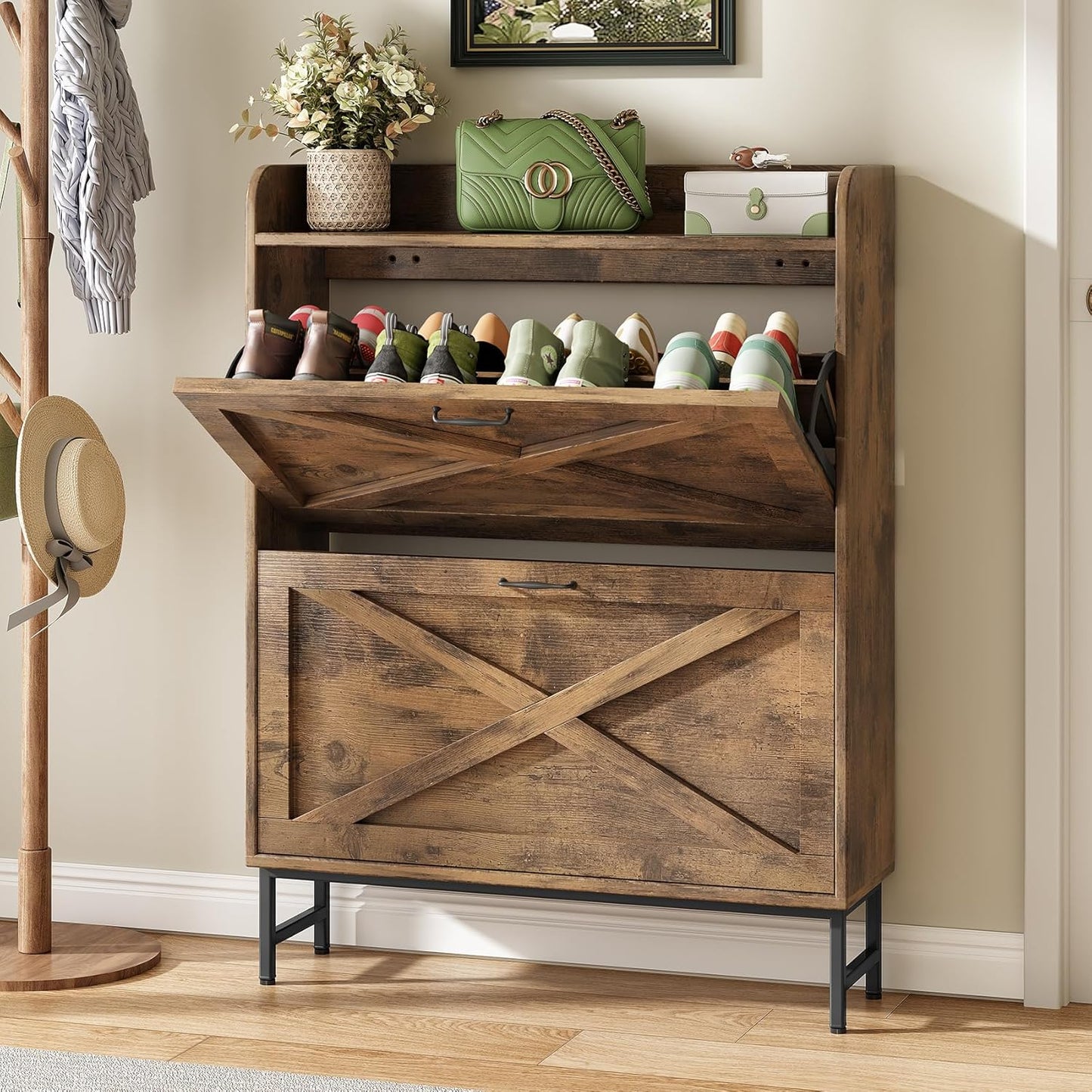 Kitstorack Shoe Storage Cabinet - Rustic Brown Wooden Organizer with 2 Flip Drawers & Metal Legs