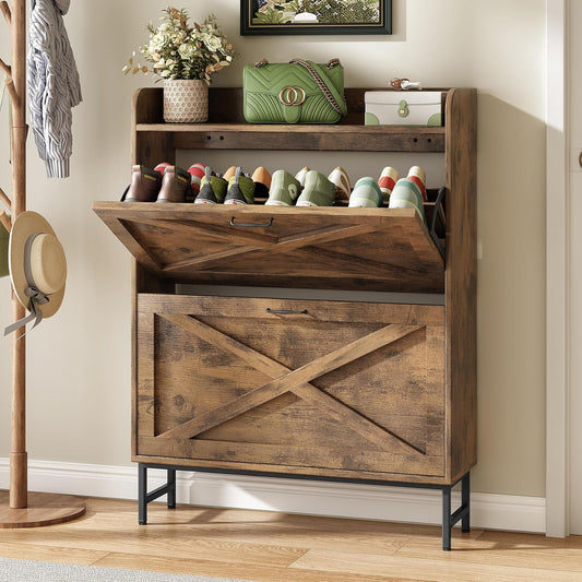 Kitstorack Shoe Storage Cabinet - Rustic Brown Wooden Organizer with 2 Flip Drawers & Metal Legs