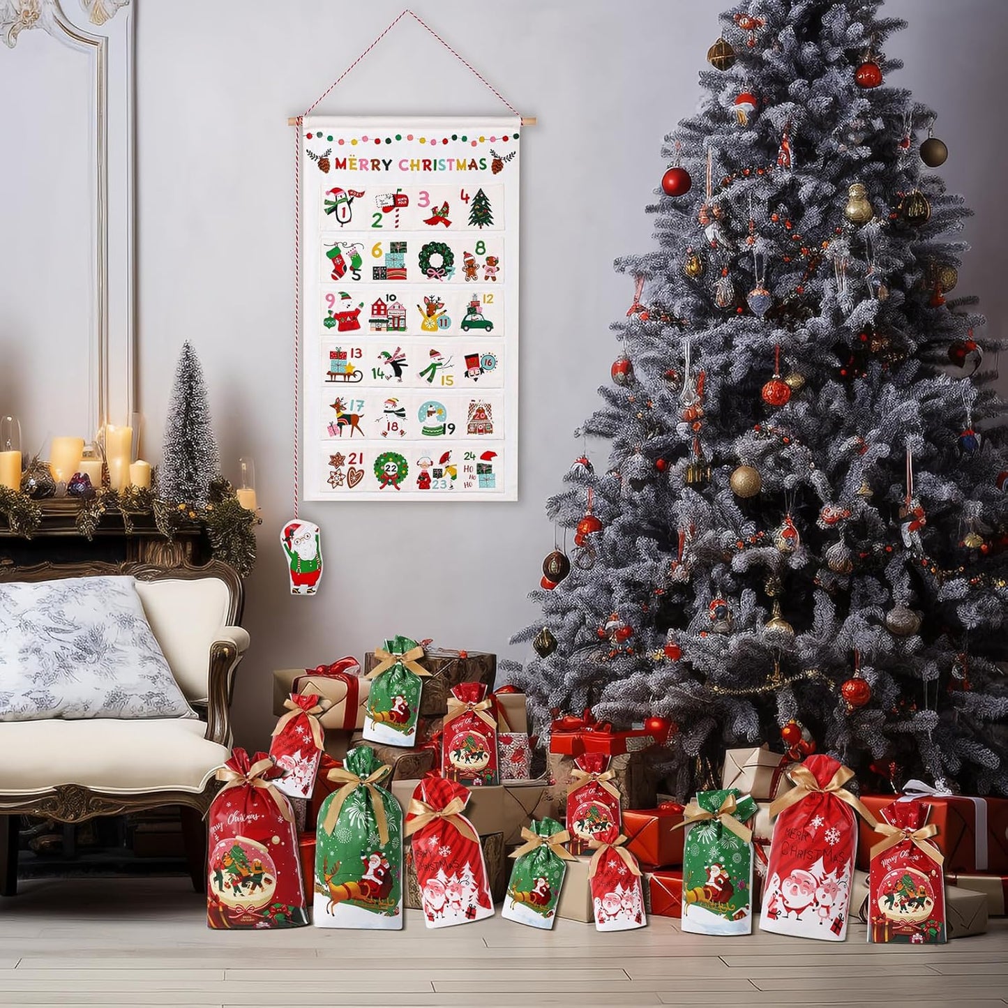 LYSXP Christmas Advent Calendar - 2025 Countdown Fabric Wall Hanging with 24 Pockets | 13x23.5 Inch & 15 Candy Bags