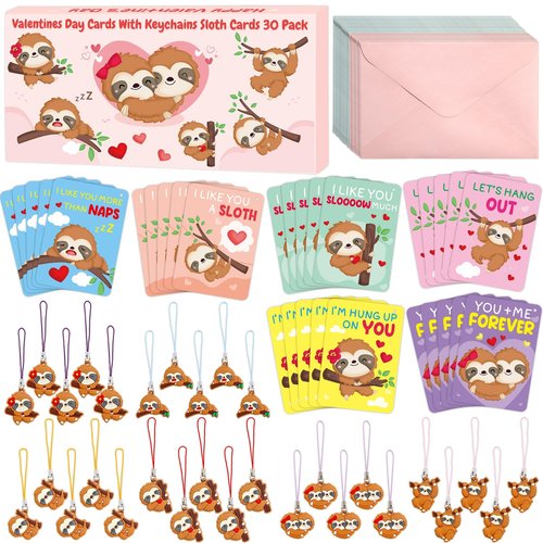 Fancy Land 30 Pack Valentines Cards Classroom Kids Sloth Valentines Day Cards with Keychains Valentine Gift Set Exchange Boys Girls Goody Bag Favors Sloth Animal