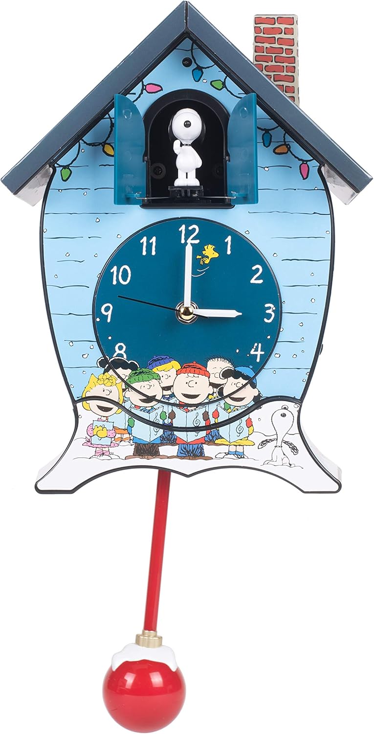 Mark Feldstein Peanuts Gang Holiday Cuckoo Clock - Icy Blue, 17 Inch Decorative Timepiece