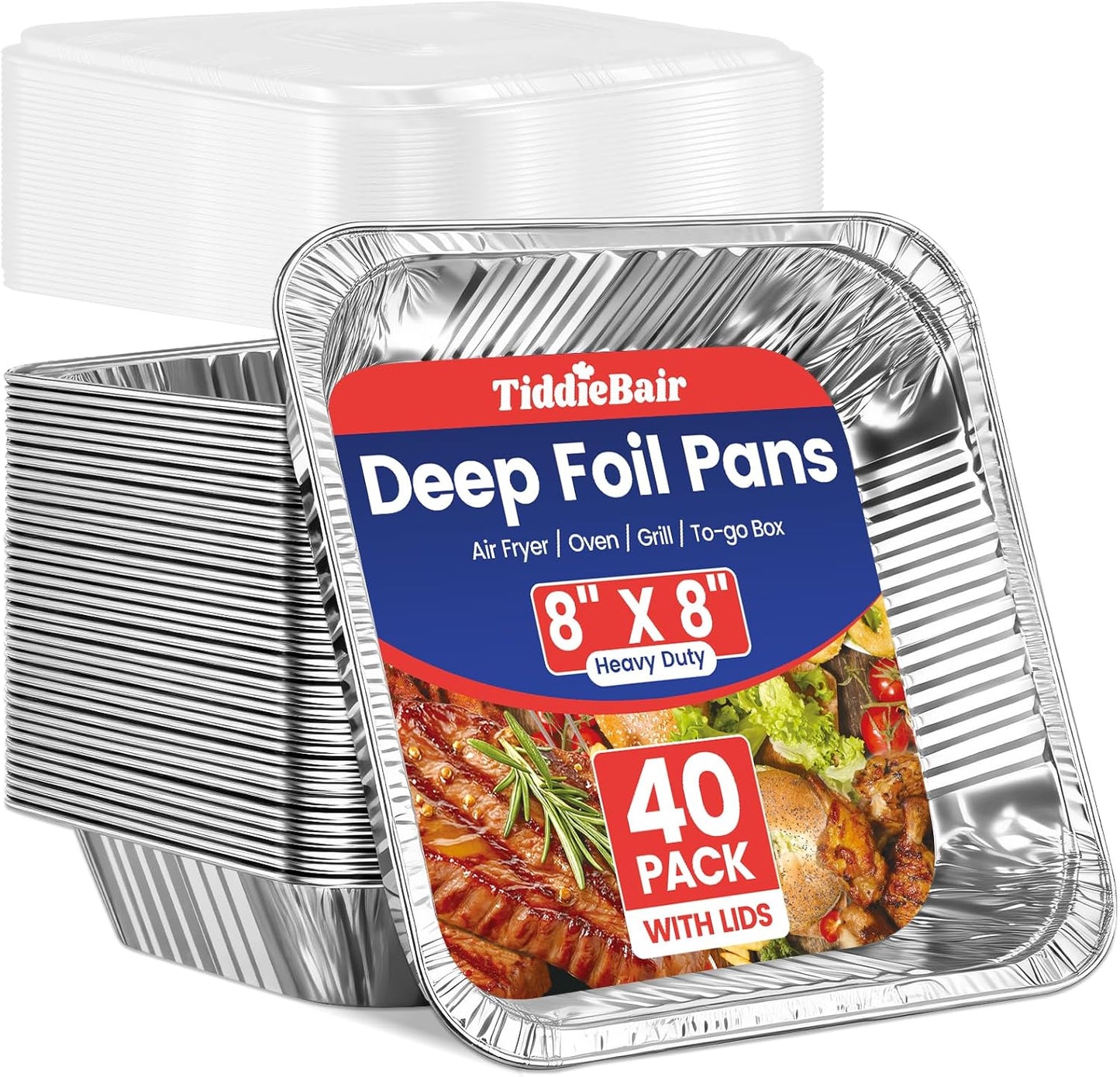 Skiennix 8x8 Aluminum Foil Pans - 40 Pack Disposable Baking Cake Containers with Clear Lids