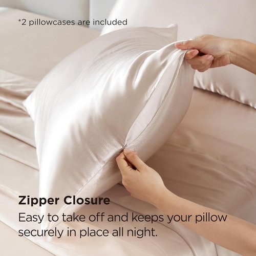 Bedsure Satin Pillowcase - Soft & Silky Zippered Pillow Covers, 2 Pack, Beige, Standard Size 20x26 Inches