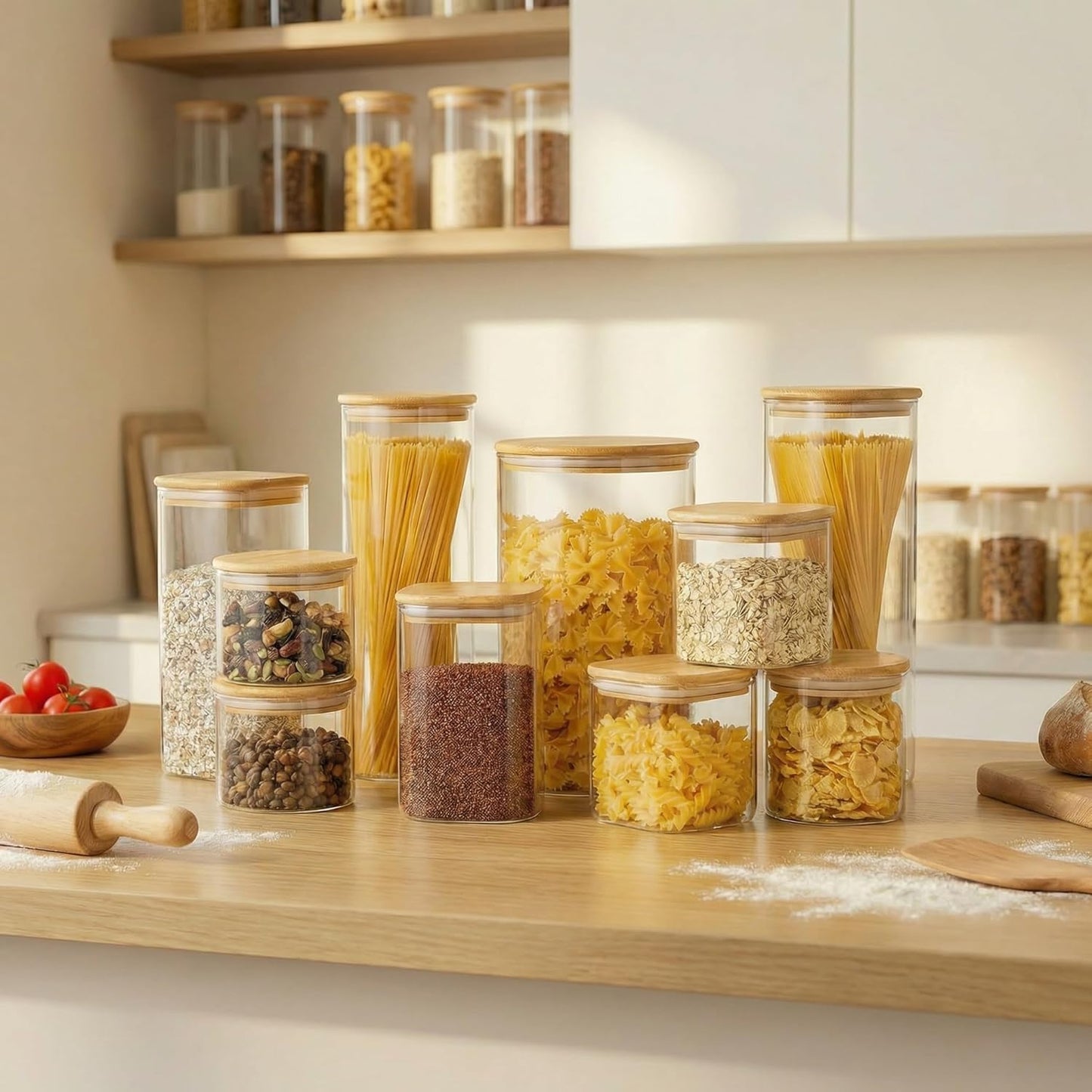Square Glass Jars 4-Pack by [Brand Name] - Airtight Food Storage Containers with Bamboo Lids | 42oz & 27oz Sizes for Cereal, Pasta, Rice, and More