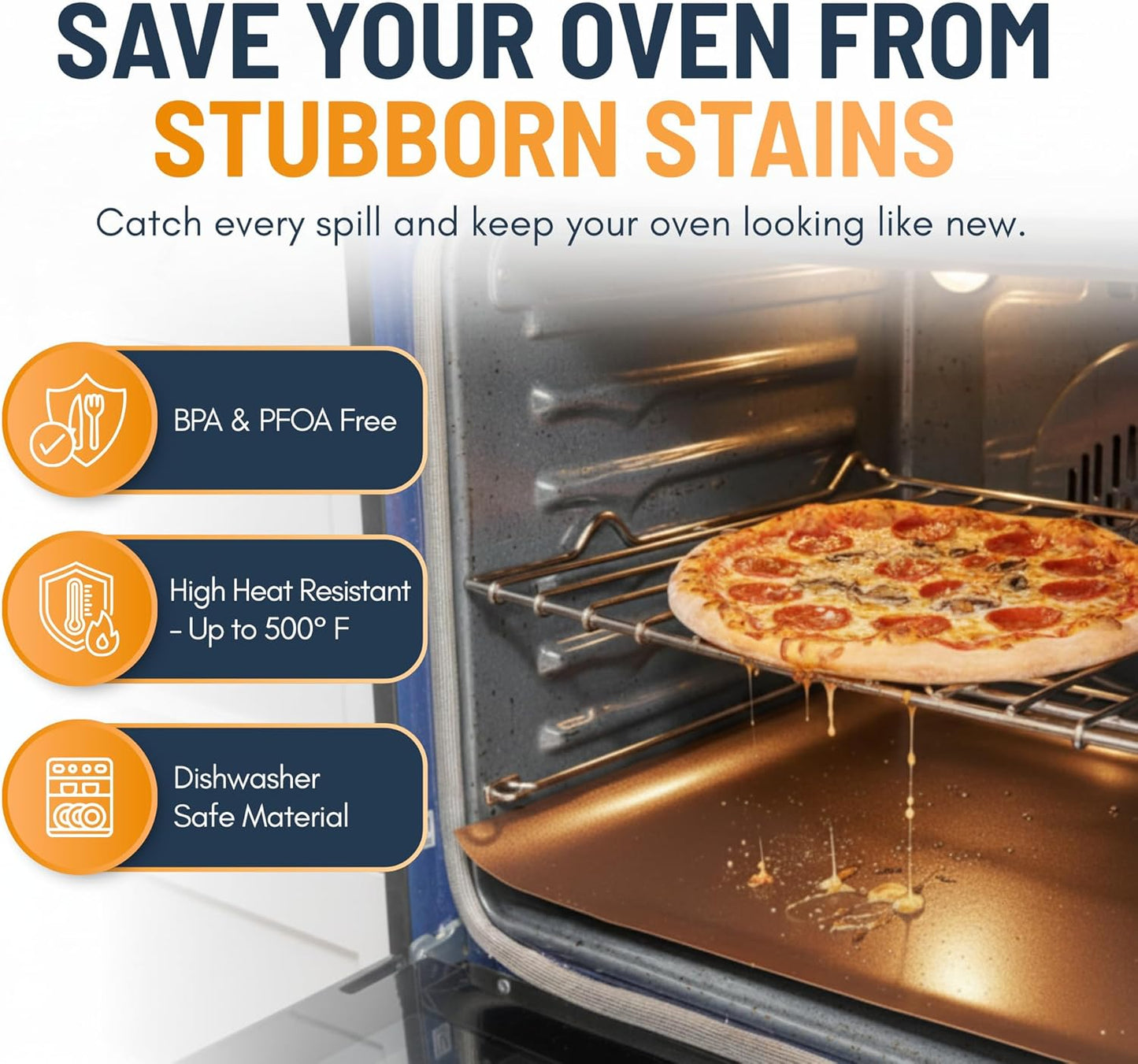 Skiennix Oven Liners - Heavy Duty Non-Stick Mats, 3 Pack, 16.25”x23” | BPA & PFOA Free Copper Kitchen Accessory