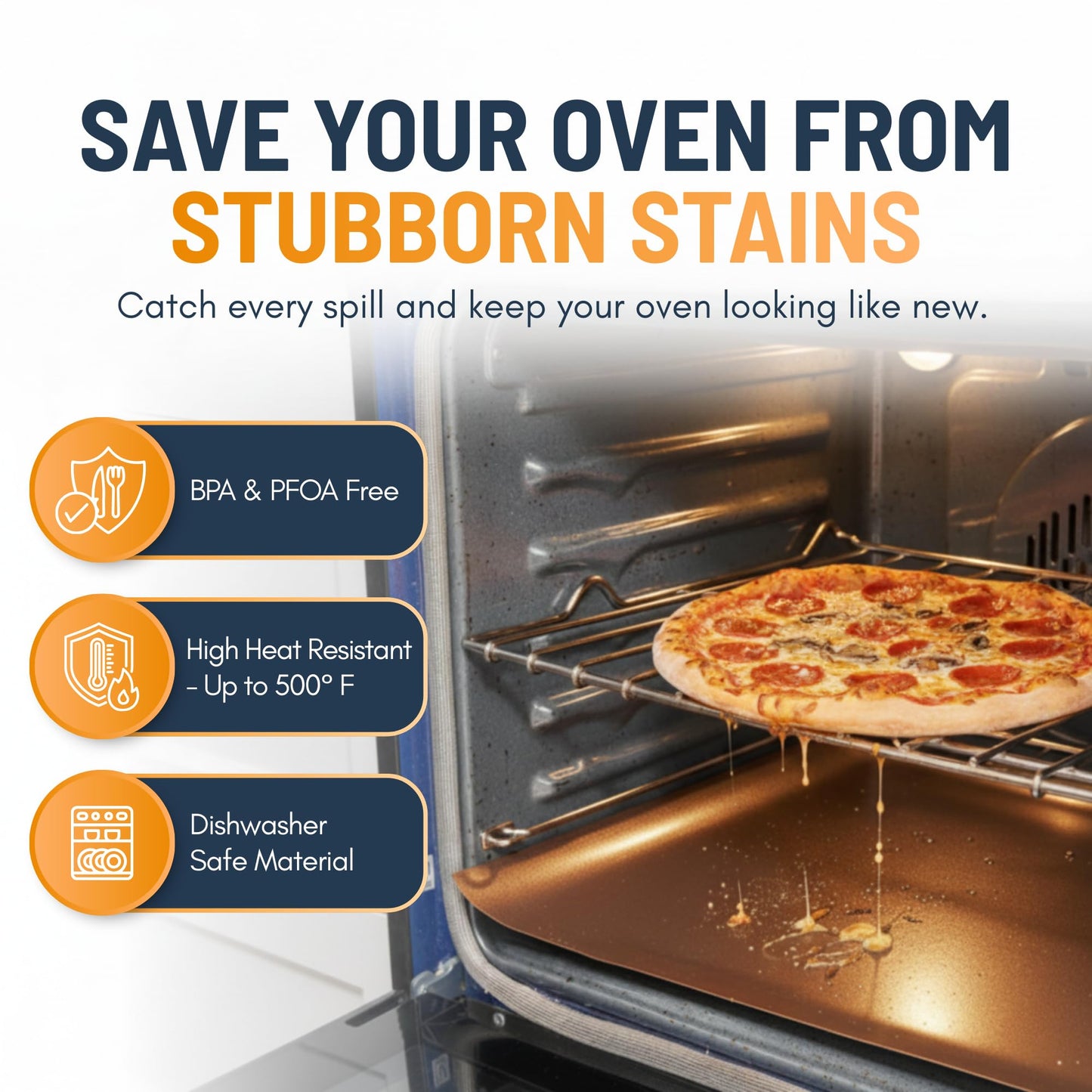 Oven Liners for Bottom of Oven - 2 Pack Large Heavy Duty Mats, 17”x25” Non-Stick Reusable Liner for Electric, Gas, Toasters, Grills - BPA & PFOA Free Kitchen Accessory to Keep It Clean (Copper)