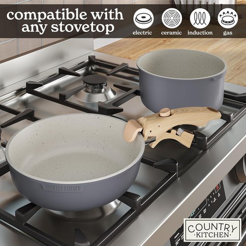 Country Kitchen Cookware Set - Removable Handle, Oven & RV Safe Pots and Pans, Grey/Ivory