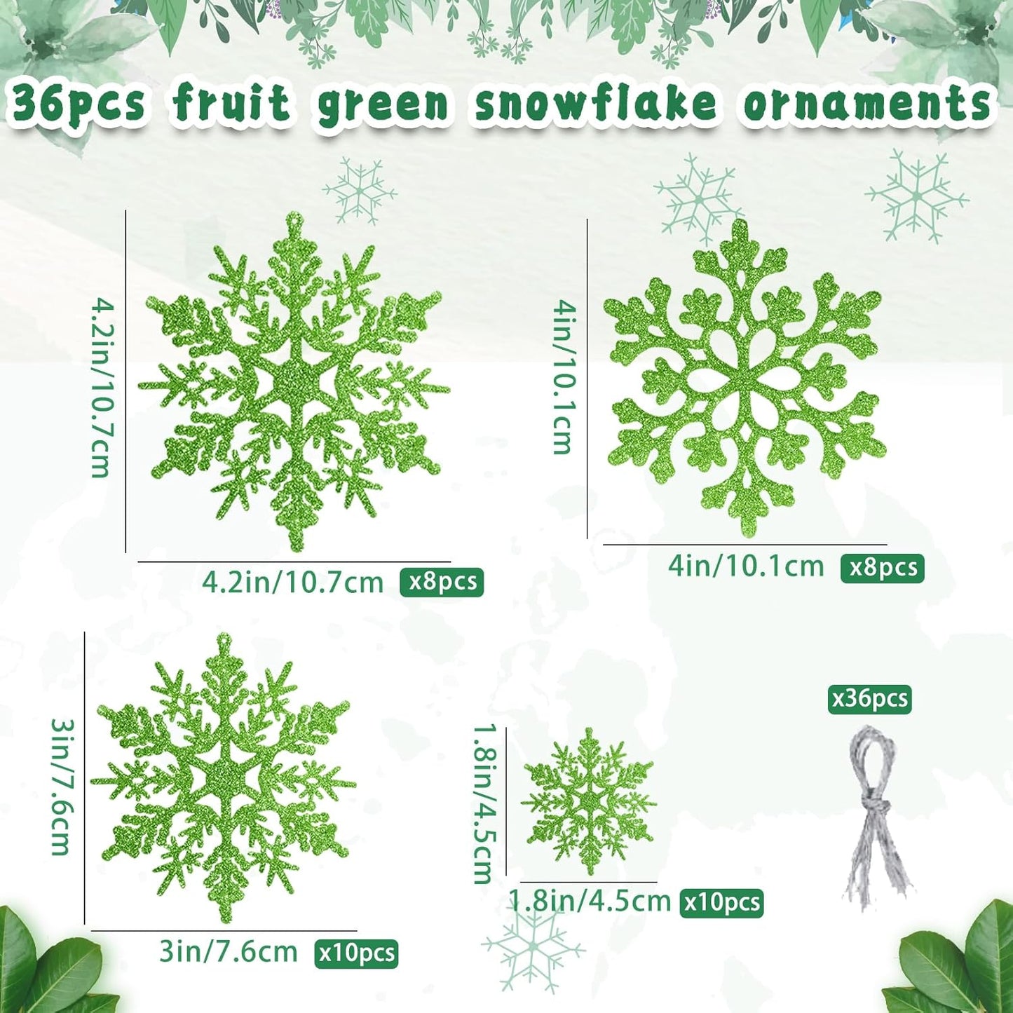 Skiennix 36-Piece Christmas Lime Green Snowflake Ornaments - Festive Hanging Decor for Winter Wonderland