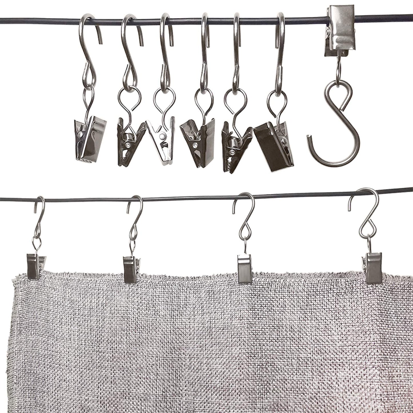 AMZSEVEN Stainless Steel S Hooks Curtain Clips, 50 Pack Hanging Party Lights Clips, Hangers Gutter Photo, Art Craft Display, 2.4 Inch Long, Silver