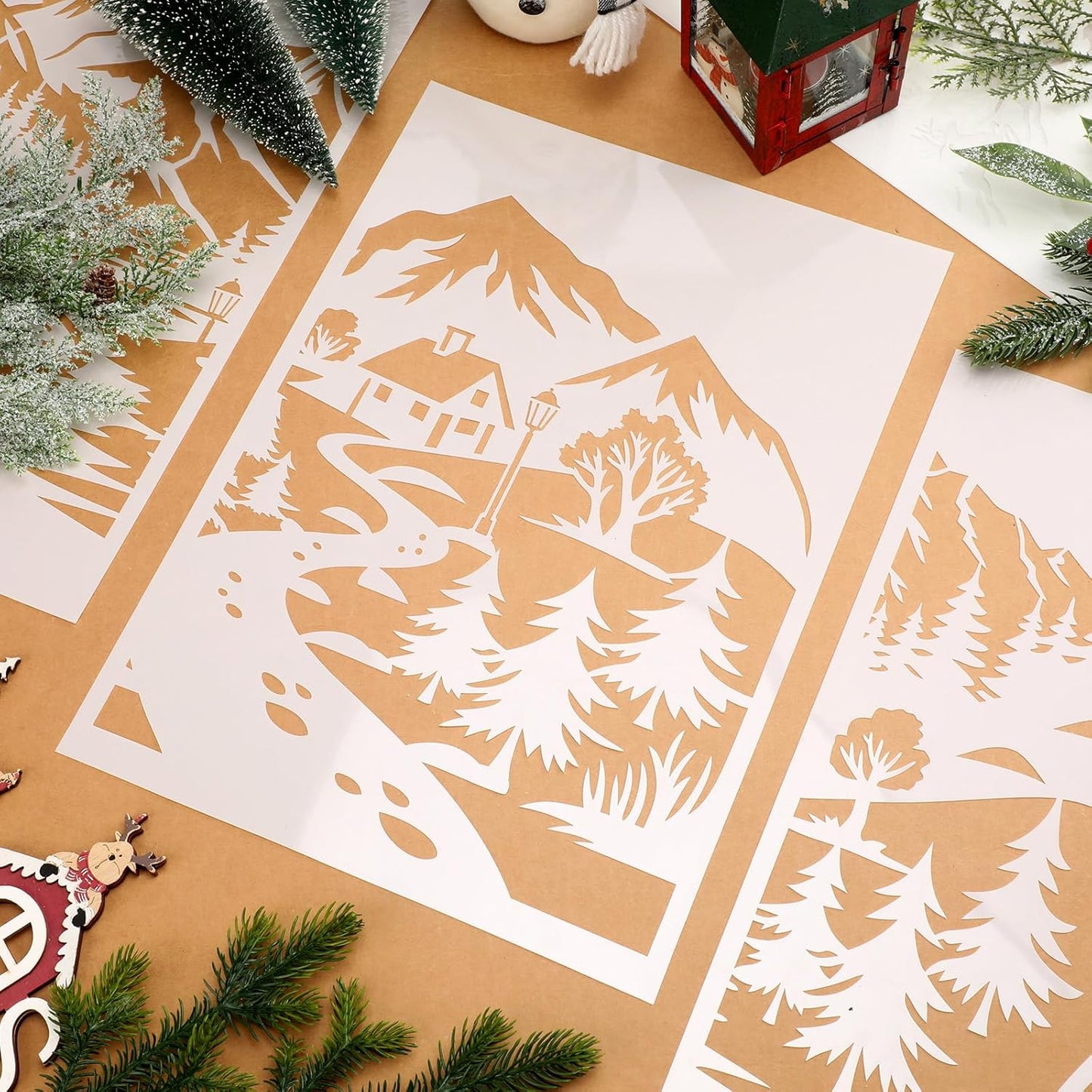 Leinuosen Christmas Window Stencils - 6 Pcs Reusable Winter Village Designs | 35.4 x 33 Inches