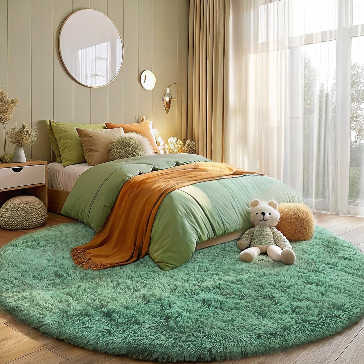 OLANLY Round Mint Green Area Rug - Soft, Fluffy, Machine Washable 8 ft Circle for Bedroom & Living Room Decor