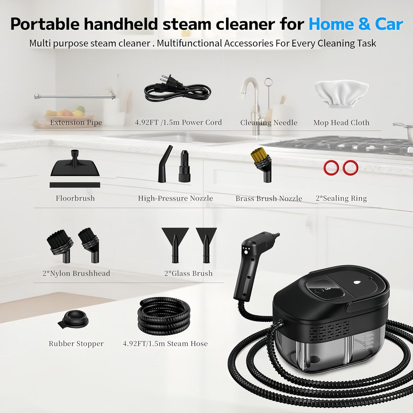 Pressurized Handheld Steam Cleaner - 2500W, 54oz Capacity, 3-Level Adjustable Steam & 15 Accessories for Home & Auto