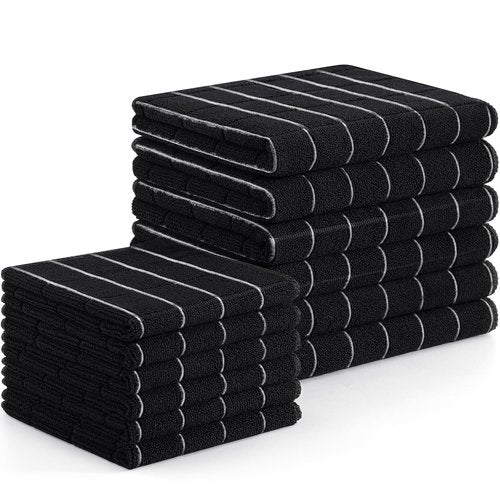 Homaxy Microfiber Kitchen Towels and Dishcloths Set, 12 Pack Soft and Absorbent Dish Hand Towels Bulk, 28 x 16 Inch & 12 x 12 Inch Quick Drying Rags for Washing Dishes, Black