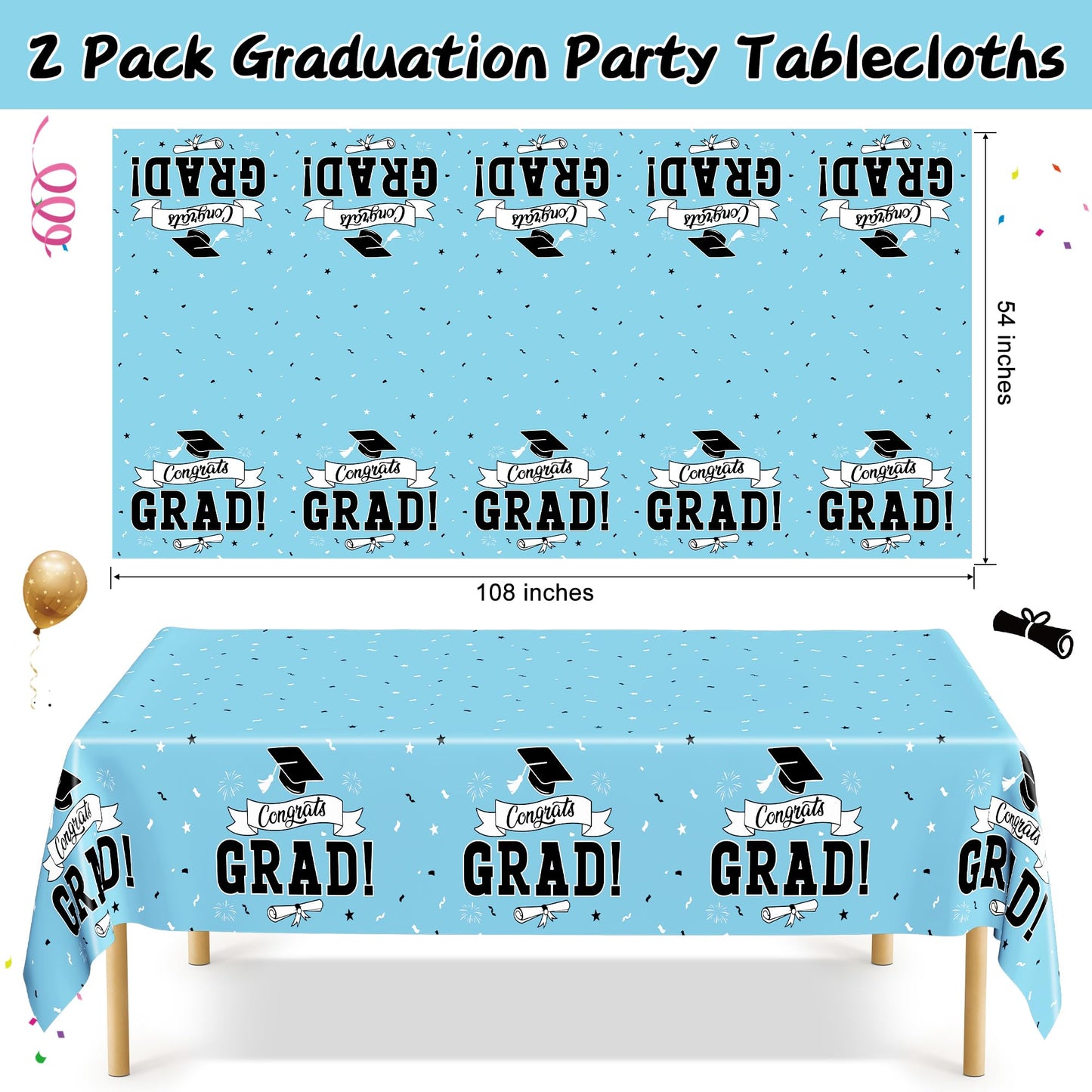2Pcs Graduation Tablecloths, 108" X 54" Skyblue Graduation Table Decorations 2026, Rectangle Table Cloths for Class 2026 Congrats Grad, Disposable Plastic Tablecover for Grad Decor Party Supplies