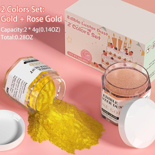 Cherrysea Luster Dust Edible Set - Food Grade Shimmer Powder for Cakes & Cocktails - 4g Bottles, Rose Gold & Gold