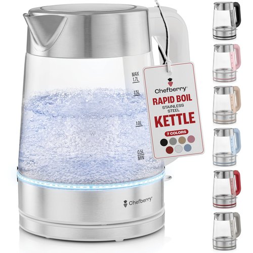 Electric Kettle for Boiling Hot Tea & Water | 1.7L Stainless Steel Borosilicate Glass Boiler With No Plastic, Automatic Shutoff, BPA Free, Fast Heating Technology (White)