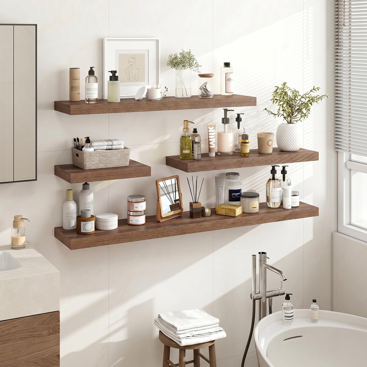 Acovy 24 Inch Floating Shelves, 24"x9.25"x1.5" Inch Deep Floating Shelves for Wall, Wooden Shelves for Bathroom, Bedroom, Living Room, Walnut, 2 Pieces