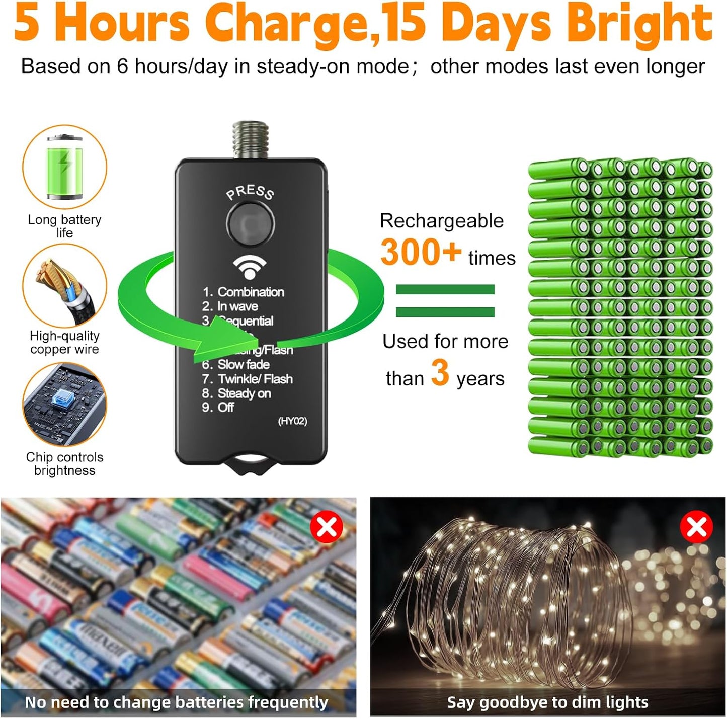 Skiennix 120L Twinkle Lights - 100 LED Rechargeable Outdoor Fairy Lights with Remote & Timer Bundle