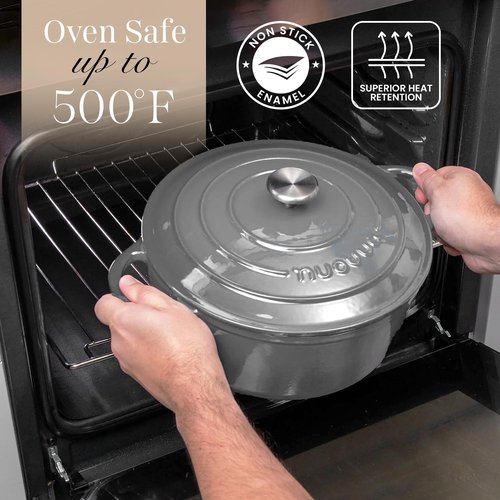 Cast Iron Pot with Lid – Non-Stick Ovenproof Enamelled Casserole Pot, Oven Safe up to 500° F – Sturdy Dutch Oven Cookware – Grey, 5-Quart, 24cm – by Nuovva