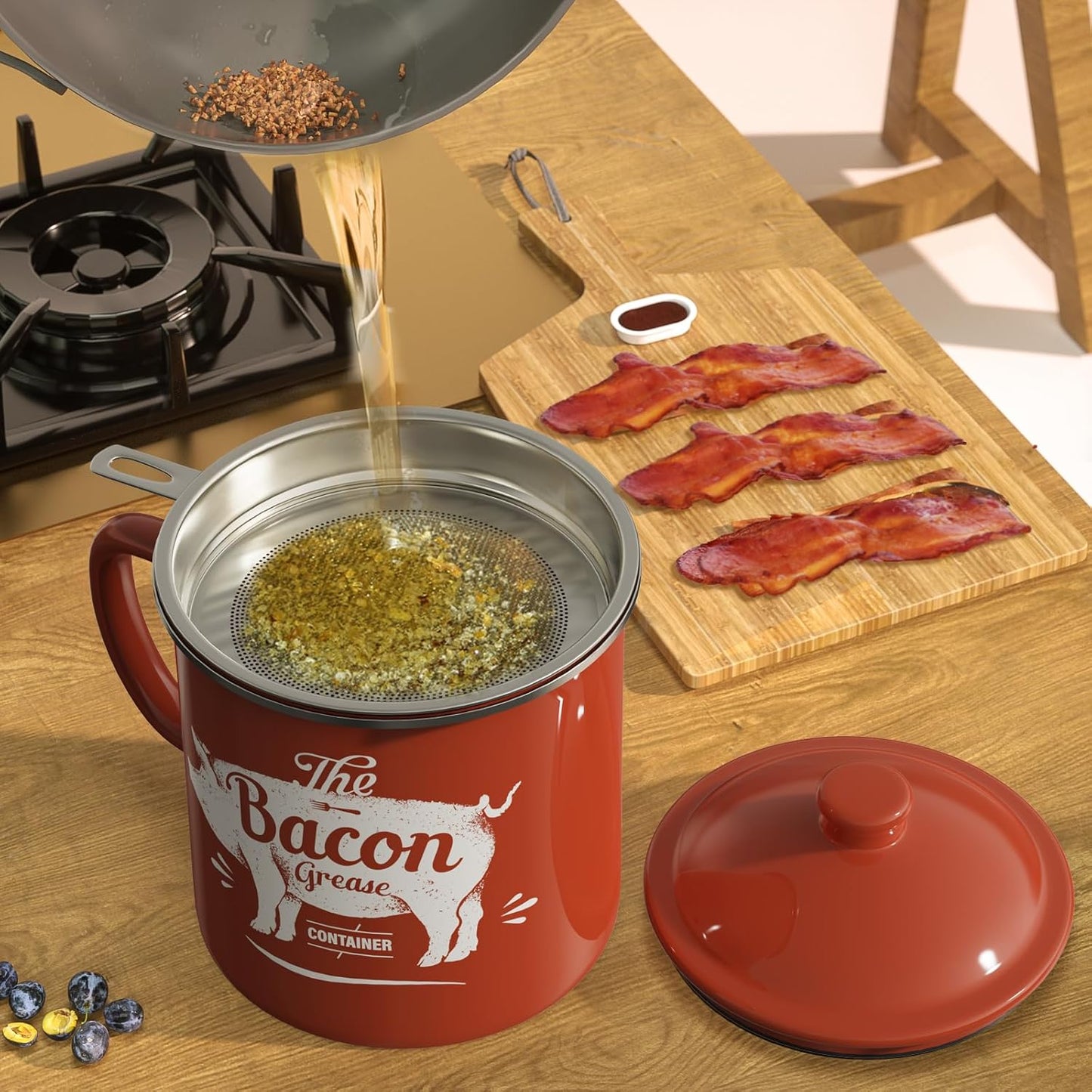 Regine Switzerland Bacon Grease Container - 46oz Enamel Keeper with Strainer & Silicone Spatula | Dishwasher Safe, Red