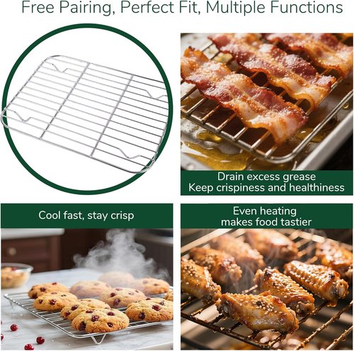 18/0 Stainless Steel Baking Sheet - Oven-Safe Non-Toxic Cookie Sheet with Cooling Rack | 12.4 Inch, Rust Resistant & Easy to Clean