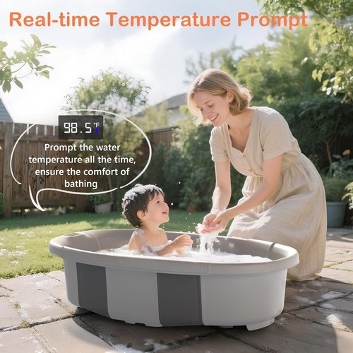 Collapsible Baby Bathtub - Portable Infant Bath Tub with Thermometer & Cushion | Foldable Design for Newborns 0-36 Months (Grey)