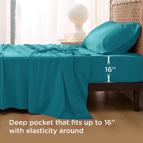 Bedsure Cooling Twin XL Sheets - Breathable Rayon from Bamboo, Soft & Luxurious, Deep Pocket Up to 16 Inches, Turquoise