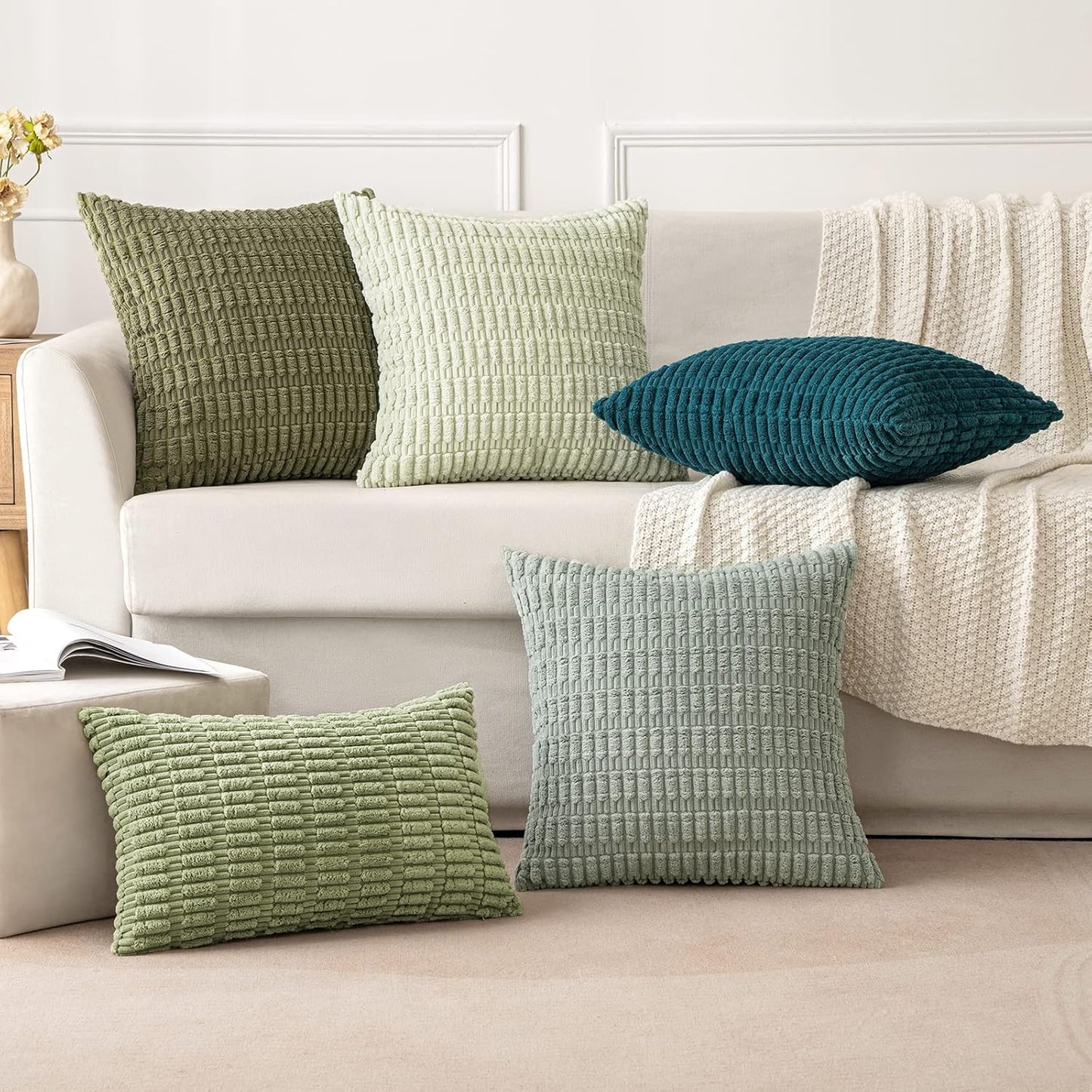 MIULEE Decorative Throw Pillow Covers - Pack of 2 Soft Boho Striped 20x20 Inch for Modern Farmhouse Decor - Olive Green