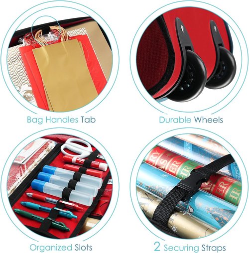 Hearth & Harbor Wrapping Paper Storage Container - Large Red Christmas Organizer with Ribbon Dispenser & Wheels, Fits 30 Rolls
