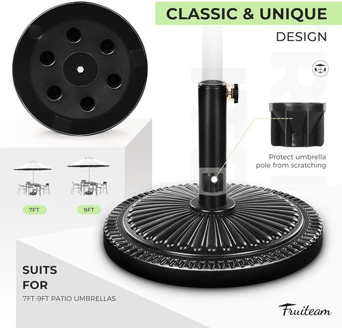 FRUITEAM 15" Round Patio Umbrella Base - Heavy Duty Pre-Filled Stand for Outdoor Use | Black Sun-Flower Pattern
