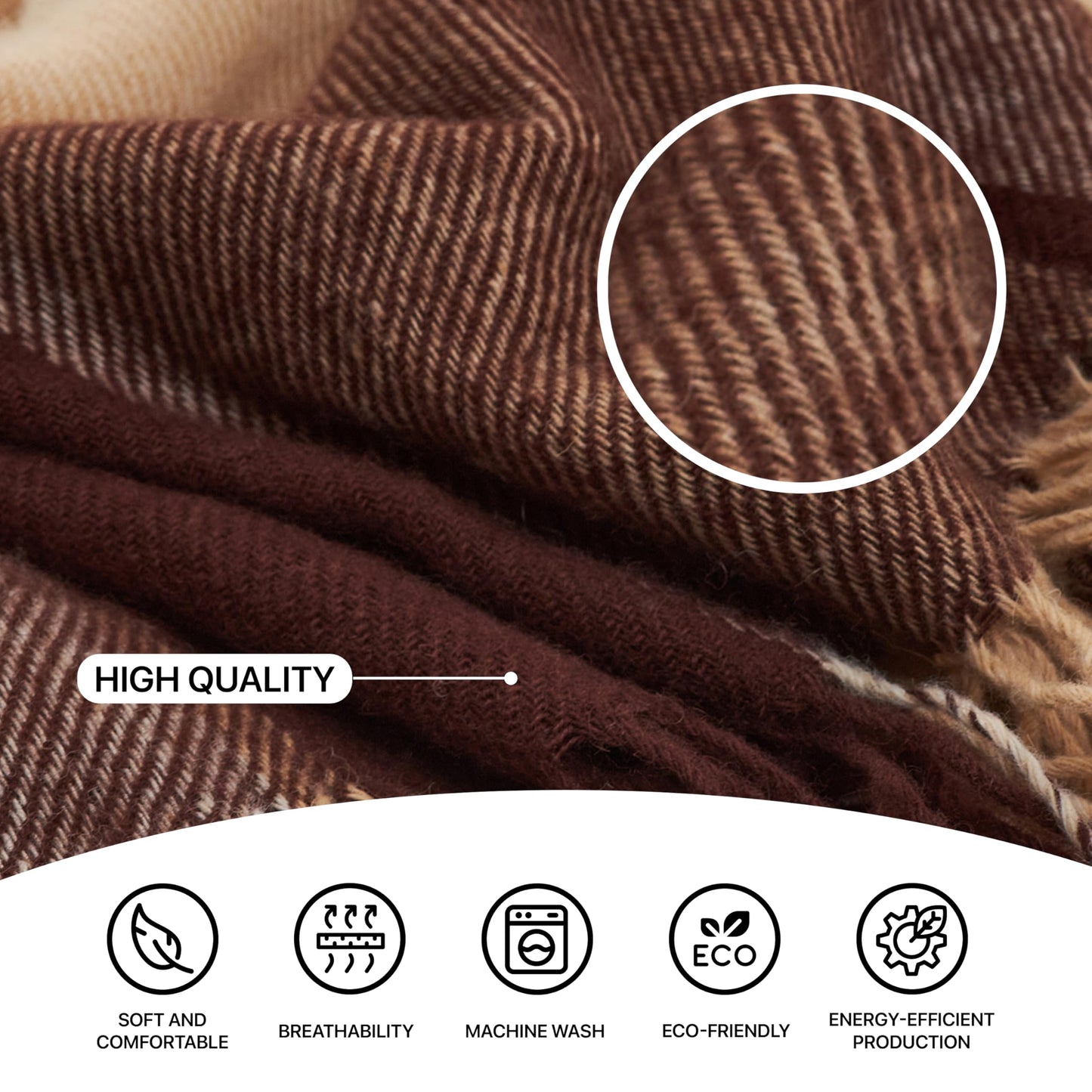 Cozy Blankets - New Zealand Virgin Wool Throw Blanket, Indoor and Outdoor Blankets and Throws, Comfortable Soft Blanket with Fringes and Tartan Pattern, 67 x 79 in, Queen Size, Brown