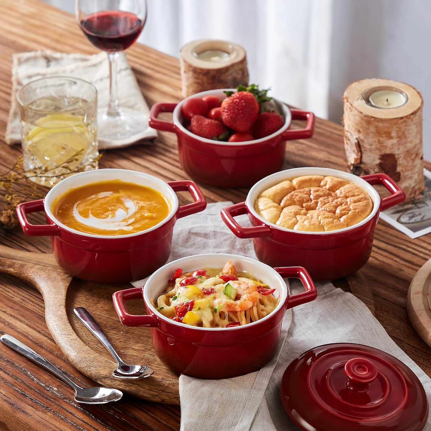 Lareina Mini Cocotte - 12oz Ceramic Casserole Dishes with Handles & Lid | Set of 4 - Red, Oven & Microwave Safe