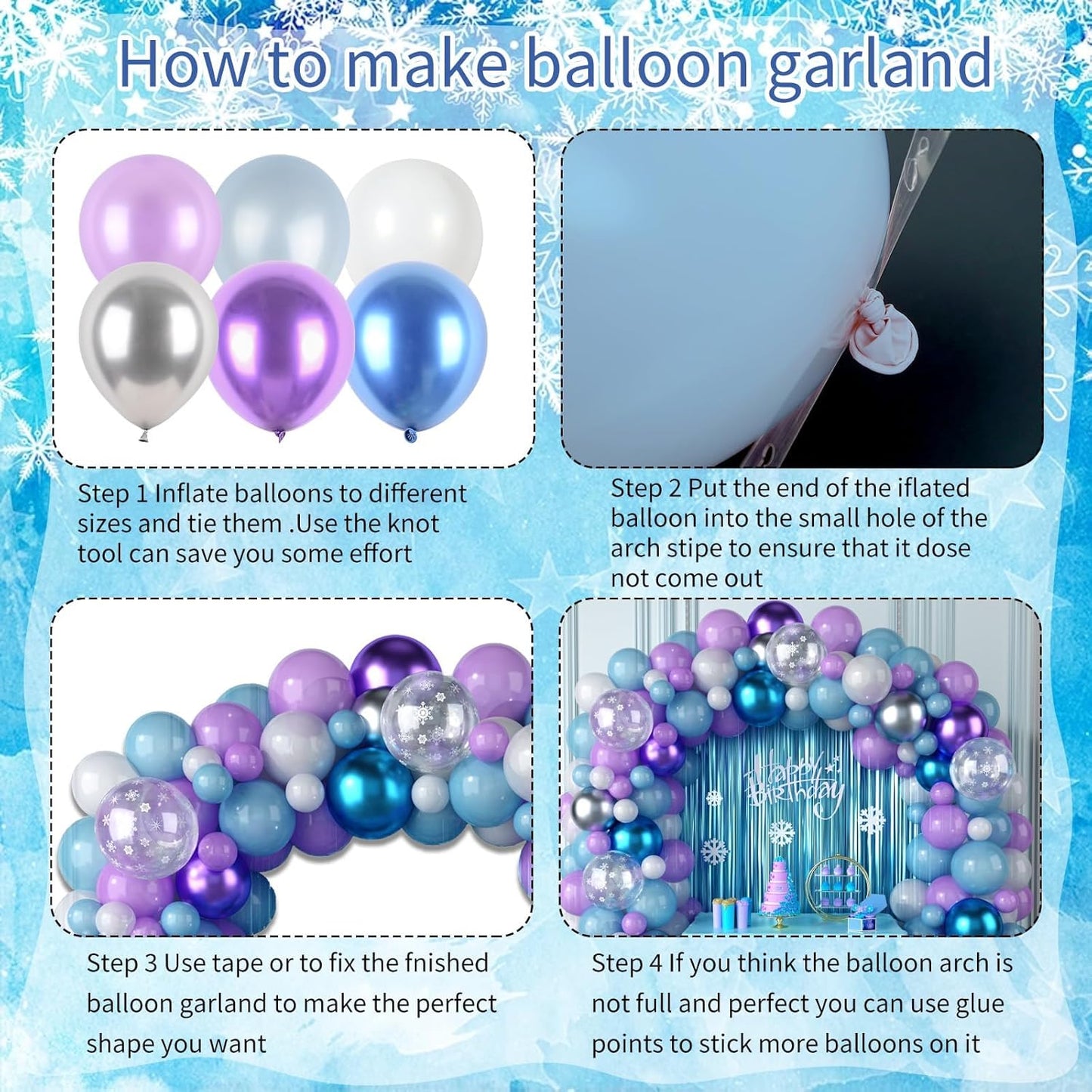 Snow Balloon Garland Arch Kit - Winter Wonderland Decoration with Snowflake Balloons in Blue, Purple, Silver & White