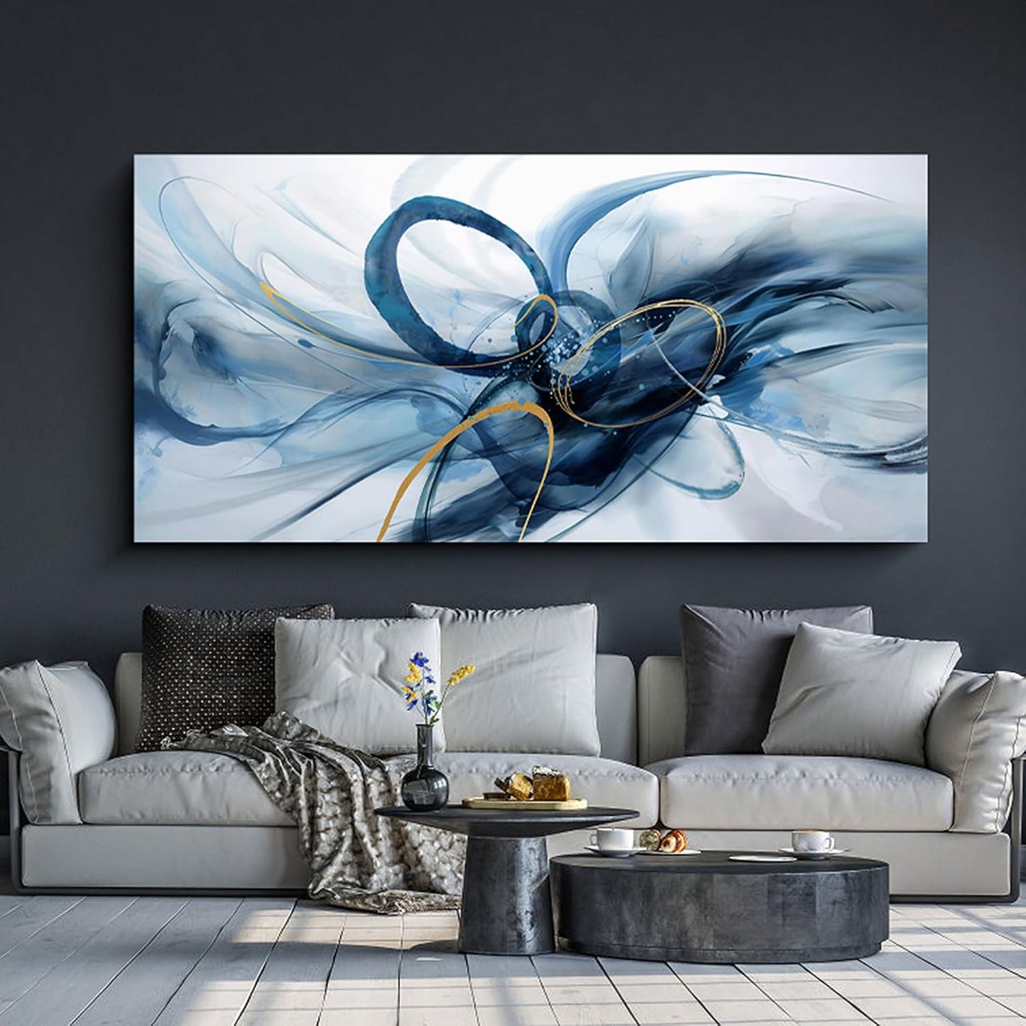 XLSJERST Extra Large Canvas Wall Art - Modern Abstract Blue & White Artwork for Living Room Decor