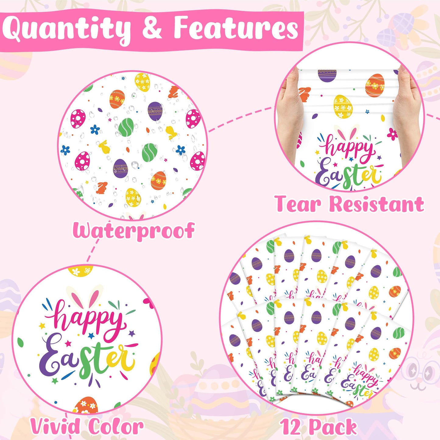 QZYL 12 Pack Easter Tablecloths Rectangular, 54" x 108" Disposable Easter Tablecloth Easter Decorations, Plastic Eggs Bunny Spring Tablecloth, Easter Table Cloth for Picnic Party Decorations Supplies