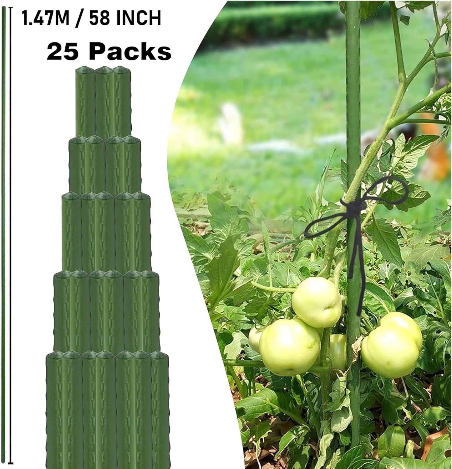 Xiny Tool Garden Stakes - 25 Pack Steel Tomato Stakes with Plastic Coating | 58 Inch Height for Climbing Plants