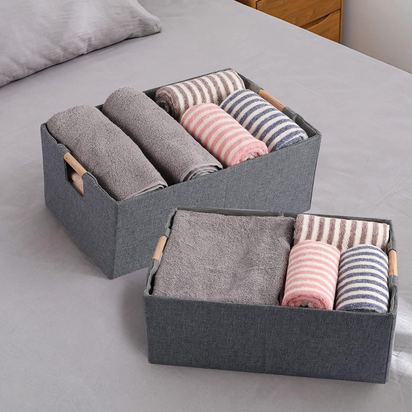 Skiennix Fabric Storage Bins - Foldable Cotton Linen Baskets with Wooden Handles | Gray, Small, 3-Pack
