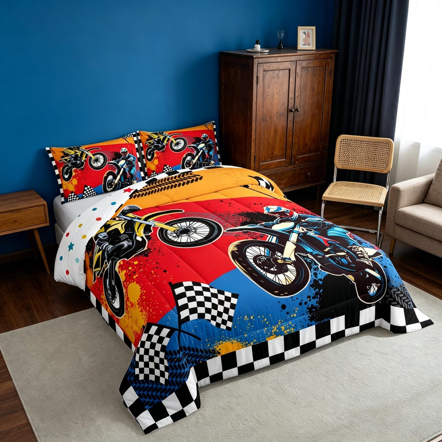 Feelyou Boys Dirt Bike Comforter Set Twin,Motocross Rider Bedding Set,Black White Buffalo Plaid Duvet,Cool Sport Car Quilted Comforter Motorcycle Bedding for Kids Teens Bedroom Decor