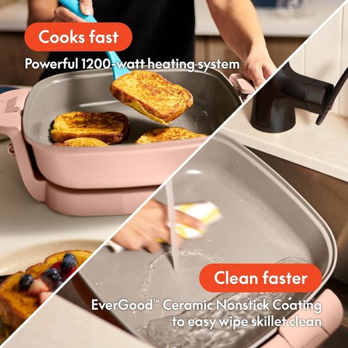 Bella Make & Take Electric Skillet - Adjustable Temperature, Dishwasher-Safe Lid, 1200W, Blossom Color