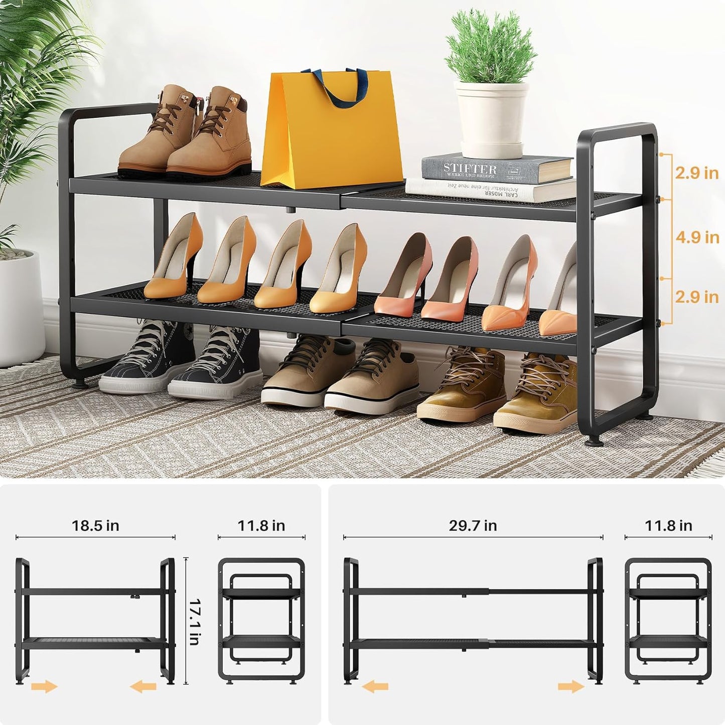 SNTD Shoe Rack - Expandable Shoe Organizer with Adjustable Metal Shelves | Black 2-Tier Storage for Closet & Entryway