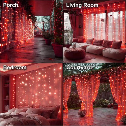 HXWEIYE 300LED Fairy Curtain Lights - 9.8x9.8Ft USB Plug-In with Remote | 8 Modes for Indoor Decor, Red
