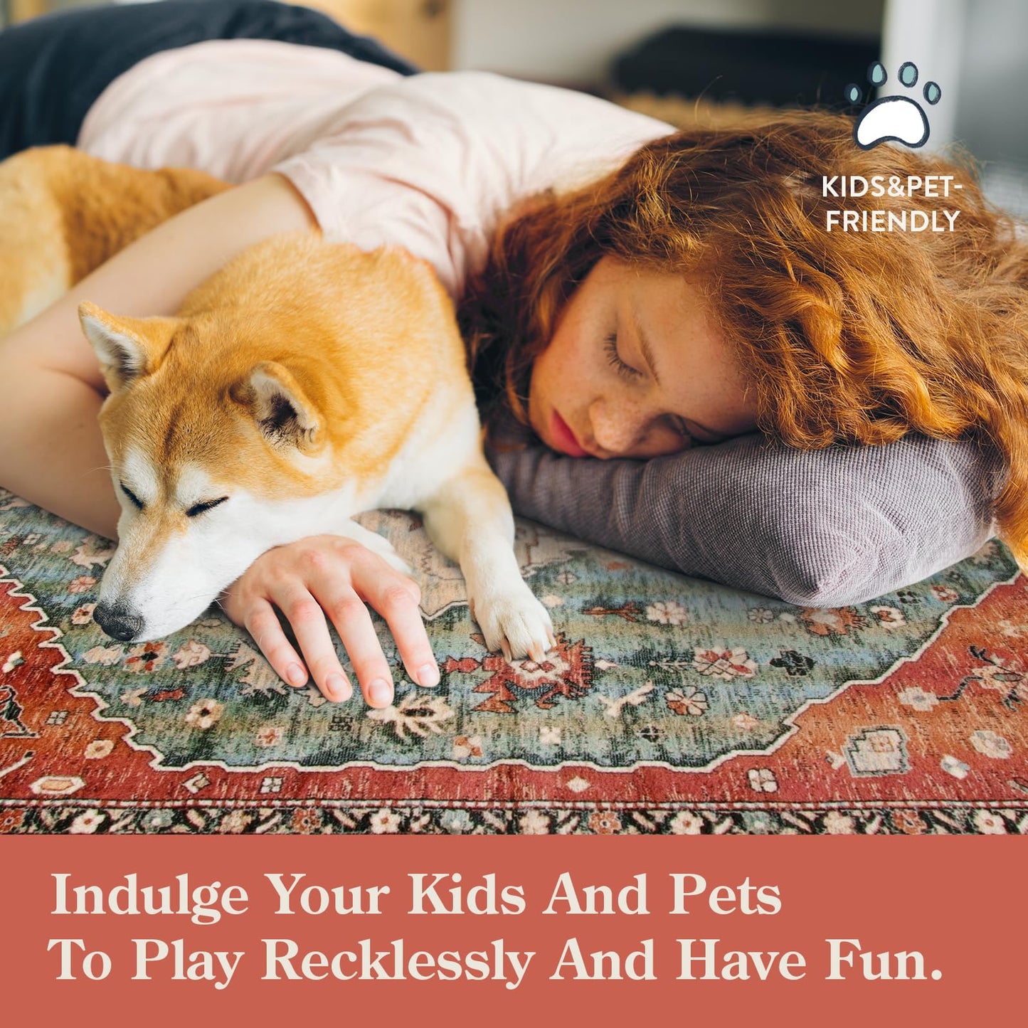 Lahome Boho Tribal 5x7 Washable Living Room Bedroom Rug, Oriental Soft Dining Room Rugs for Under Table, Large Distressed Printed Carpet for Entryway Kitchen Playroom (Rust/Dull Teal,5x7ft)