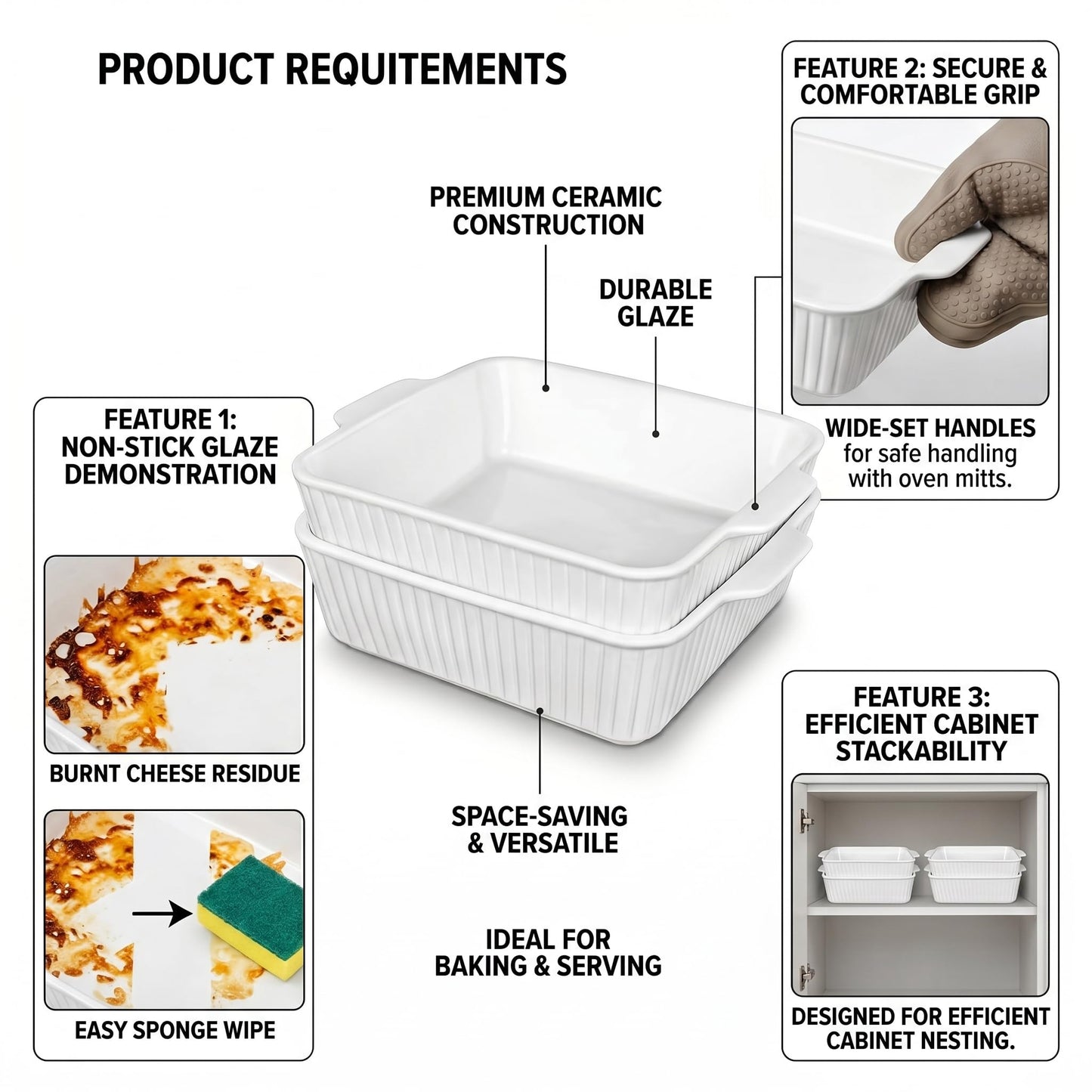 cikiciki 10" Square Ceramic Casserole Dish Set of 2-2.6 Qt Deep Baking Dishes with Handles for Oven, Lasagna Pan for Casseroles Cake Bread, Microwave Dishwasher Safe Bakeware Set, White